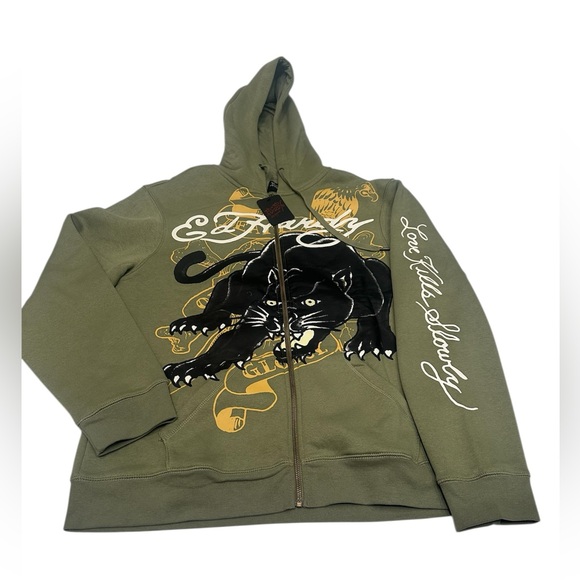 Ed Hardy Other - Ed Hardy Men’s Full Zip Fleece Green Black Panther Hoodie Size L NWT